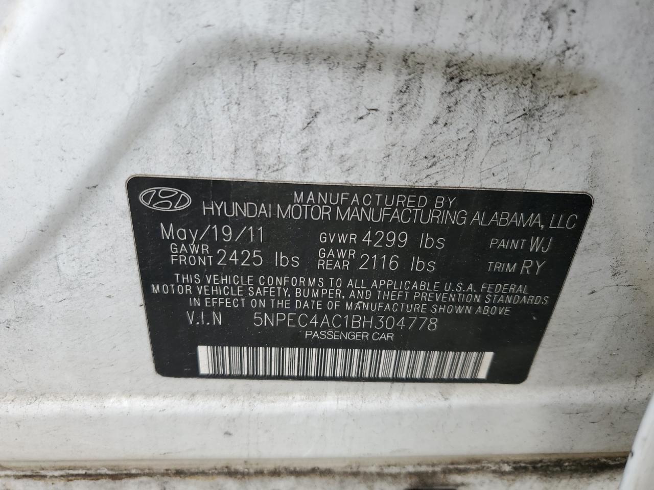 5NPEC4AC1BH304778 2011 Hyundai Sonata Se