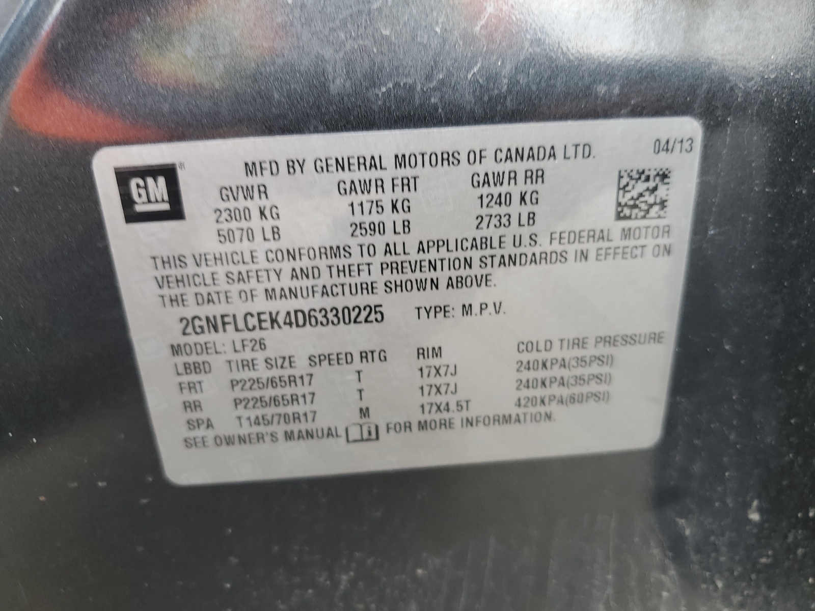 2GNFLCEK4D6330225 2013 Chevrolet Equinox Ls