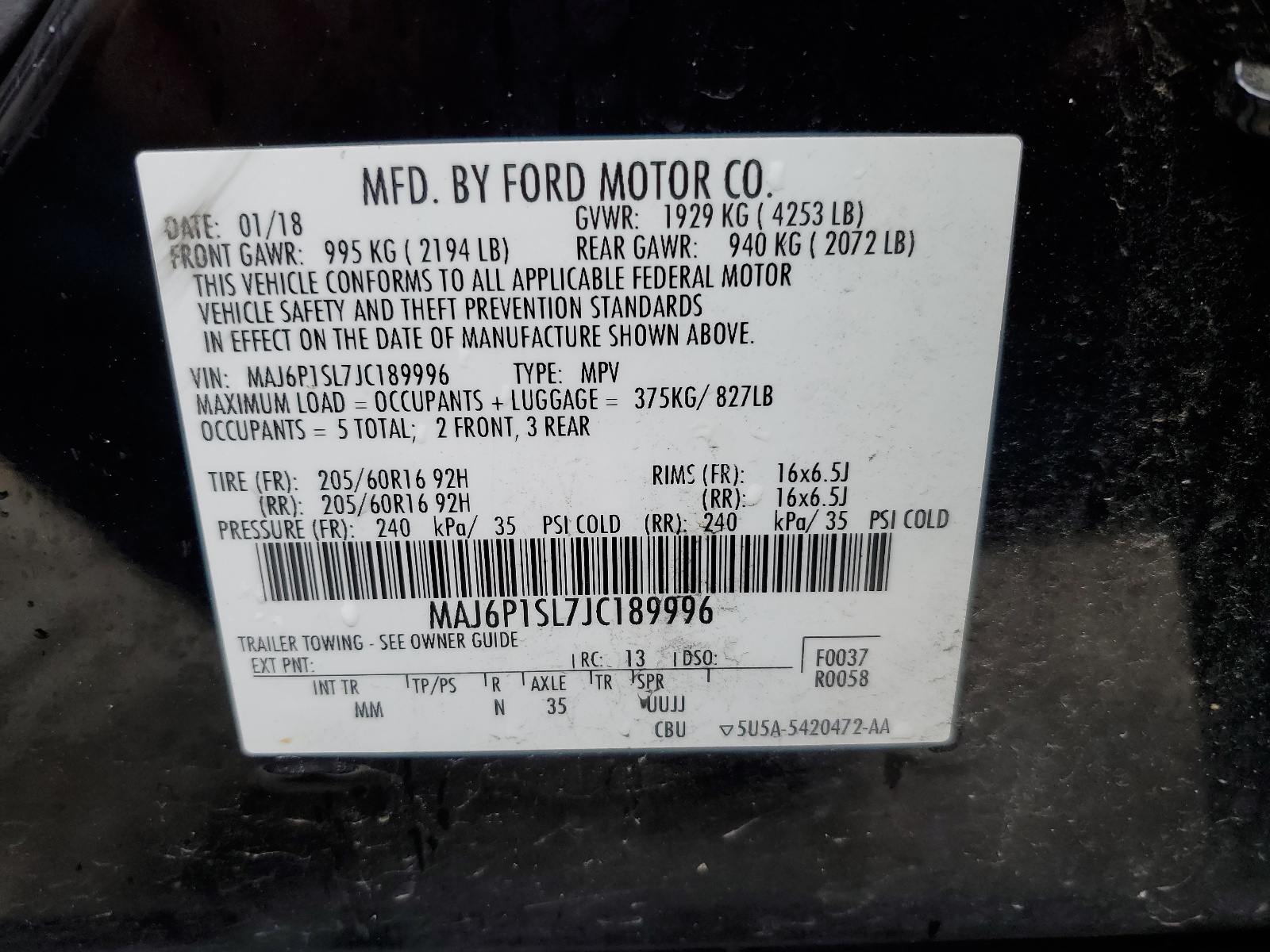 MAJ6P1SL7JC189996 2018 Ford Ecosport S