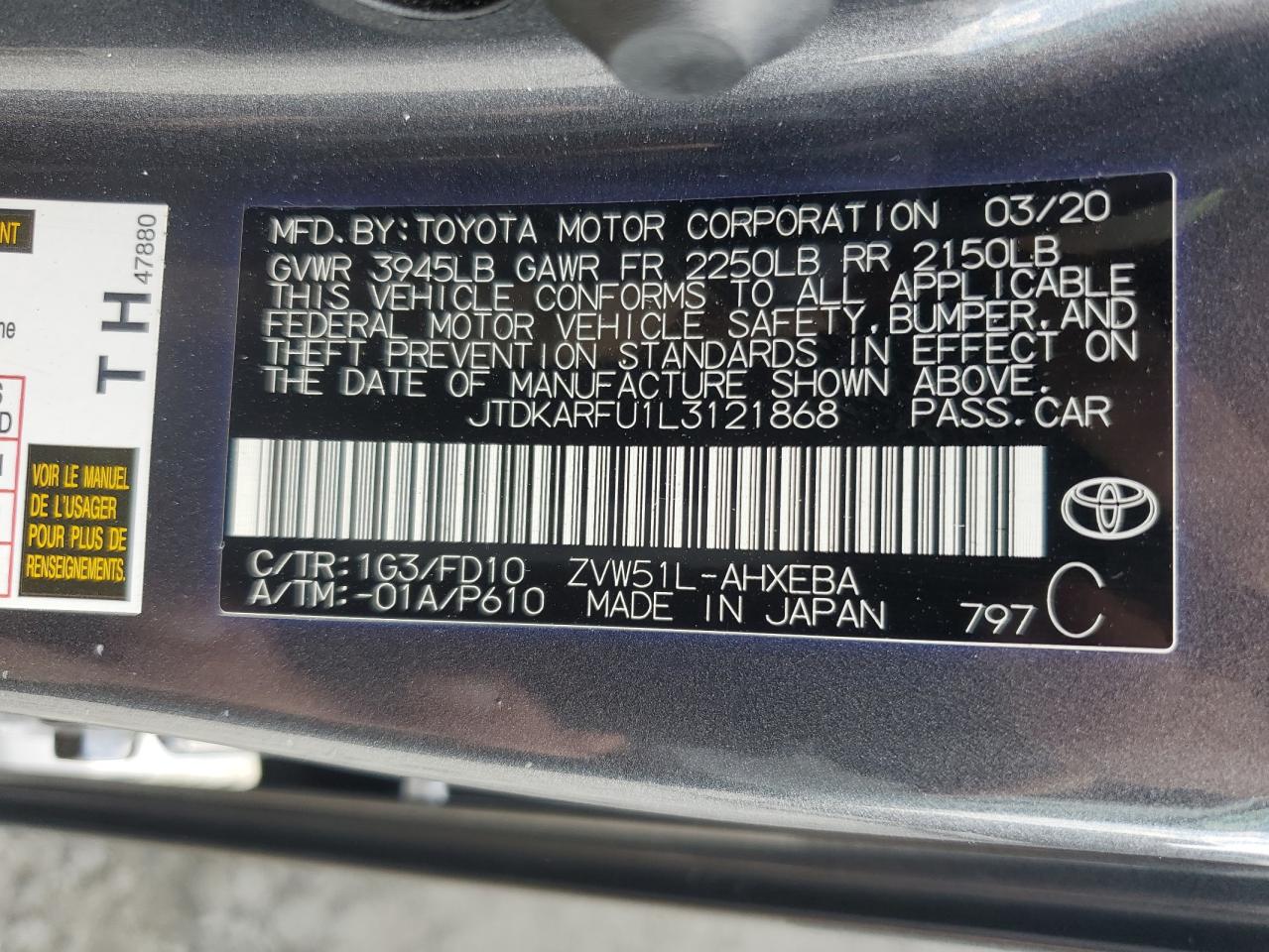 2020 Toyota Prius L VIN: JTDKARFU1L3121868 Lot: 54849074