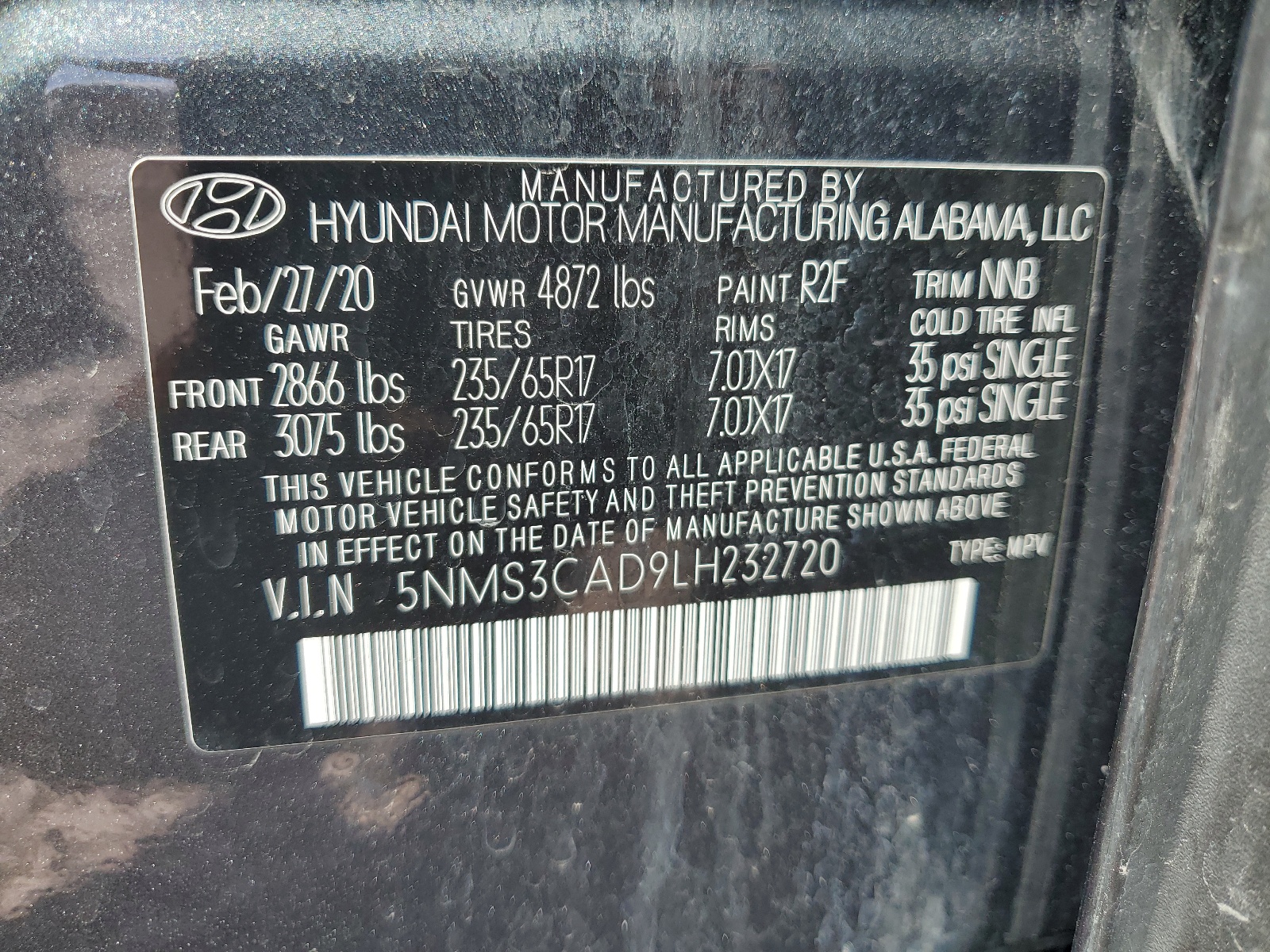 2020 Hyundai Santa Fe Sel vin: 5NMS3CAD9LH232720