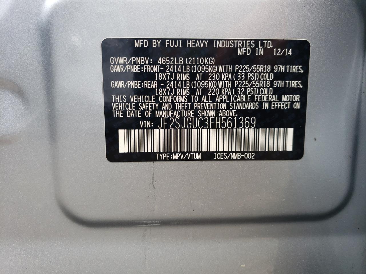 2015 Subaru Forester 2.0Xt Touring VIN: JF2SJGUC3FH561369 Lot: 53120254