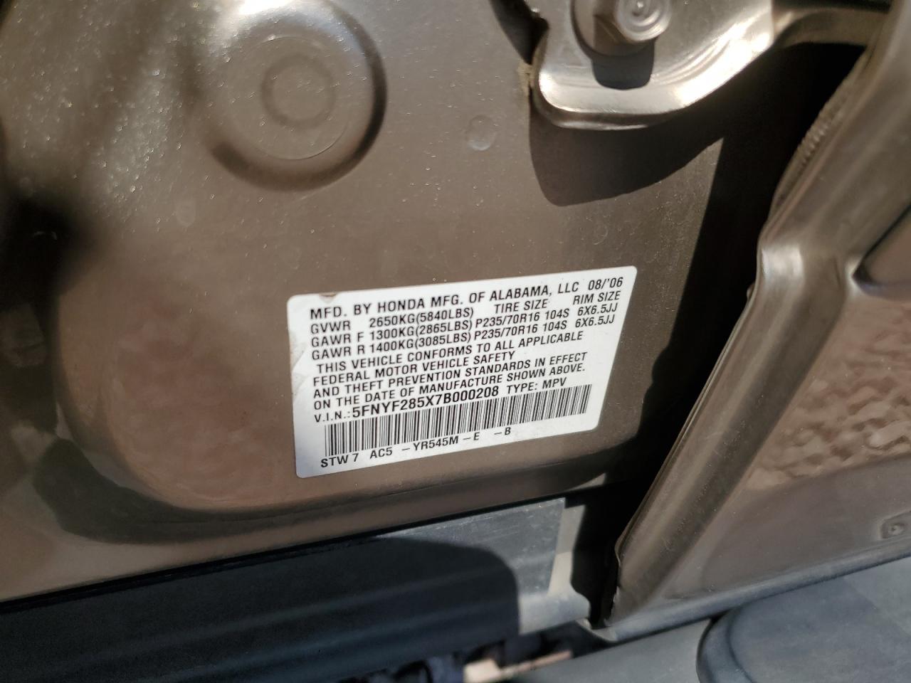 2007 Honda Pilot Exl VIN: 5FNYF285X7B000208 Lot: 54051774