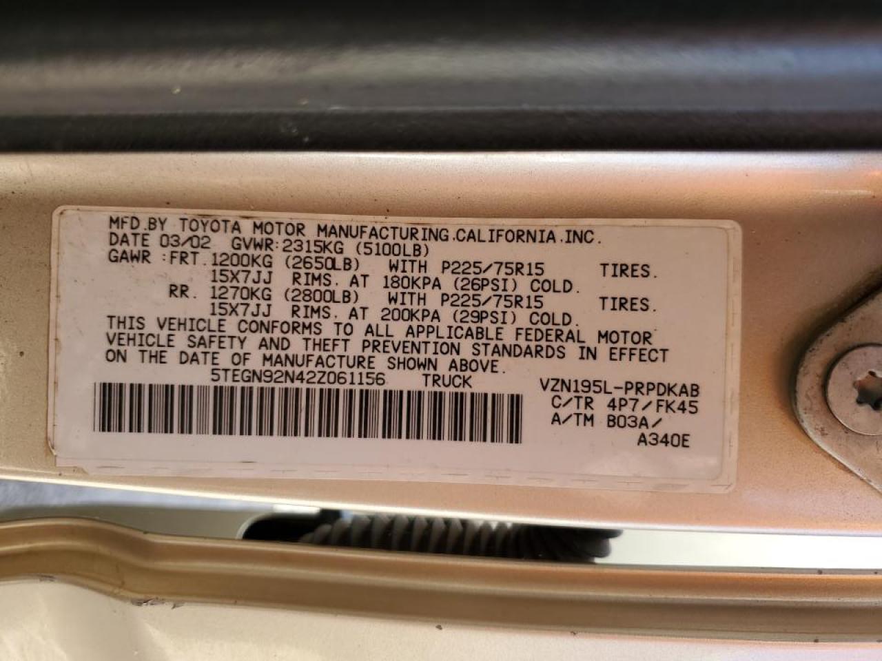 2002 Toyota Tacoma Double Cab Prerunner VIN: 5TEGN92N42Z061156 Lot: 56760894