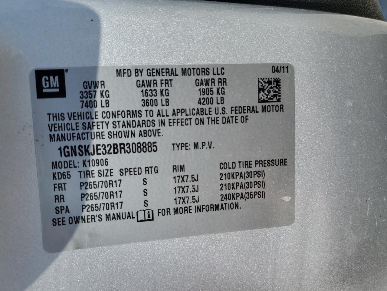 1GNSKJE32BR308885 2011 Chevrolet Suburban K1500 Lt