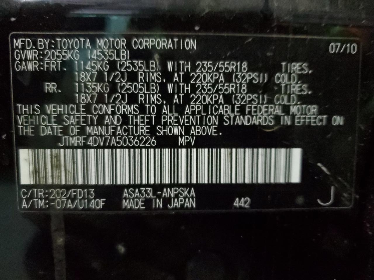 2010 Toyota Rav4 Sport VIN: JTMRF4DV7A5036226 Lot: 54462664