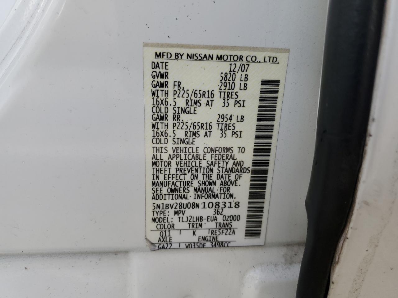 5N1BV28U08N108318 2008 Nissan Quest S