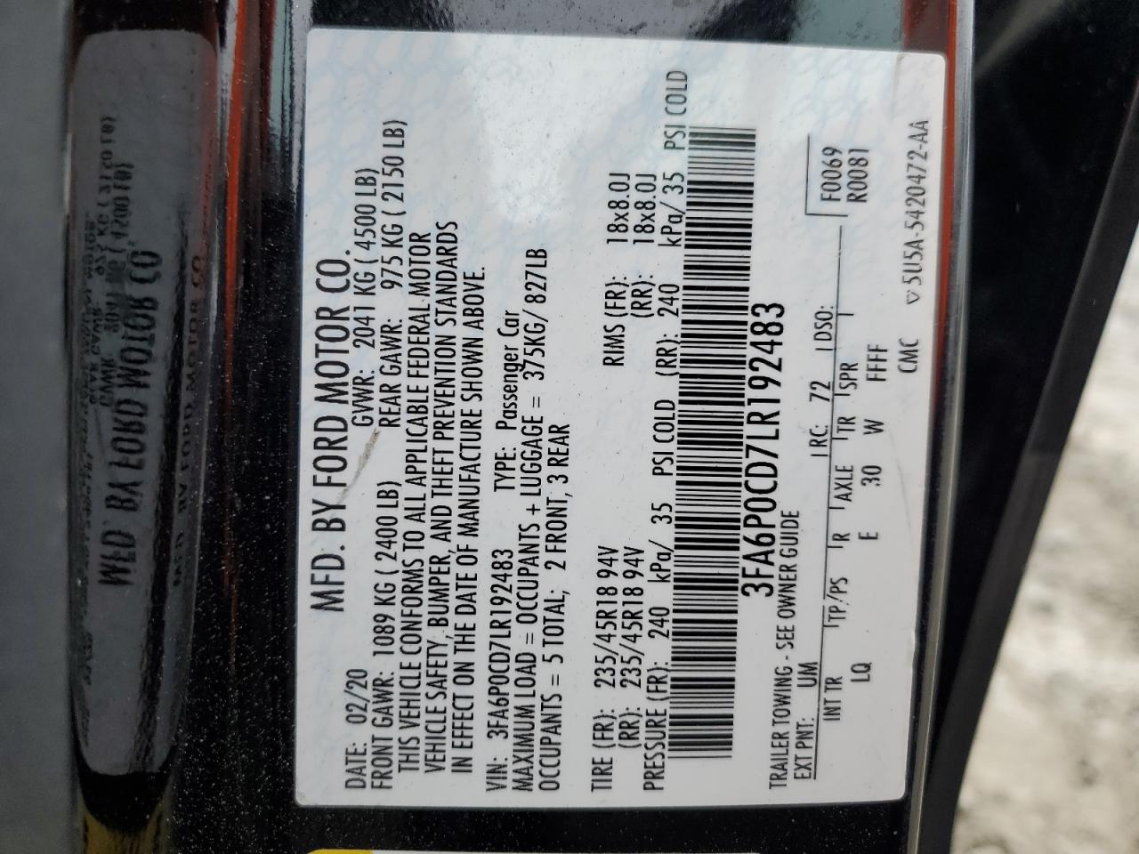 2020 Ford Fusion Sel VIN: 3FA6P0CD7LR192483 Lot: 54921934