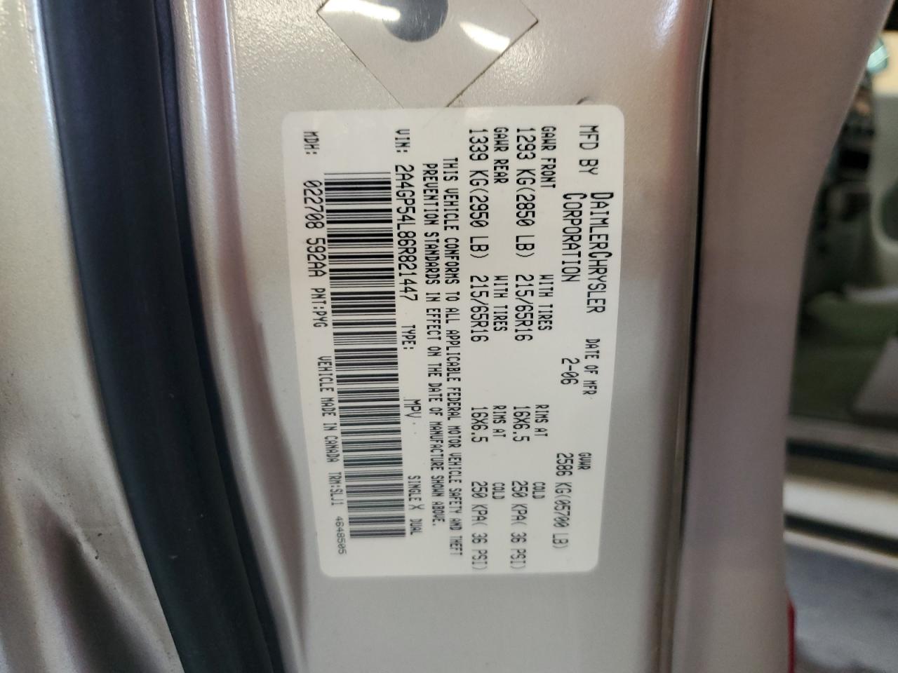 2006 Chrysler Town & Country Touring VIN: 2A4GP54L86R821447 Lot: 46082715