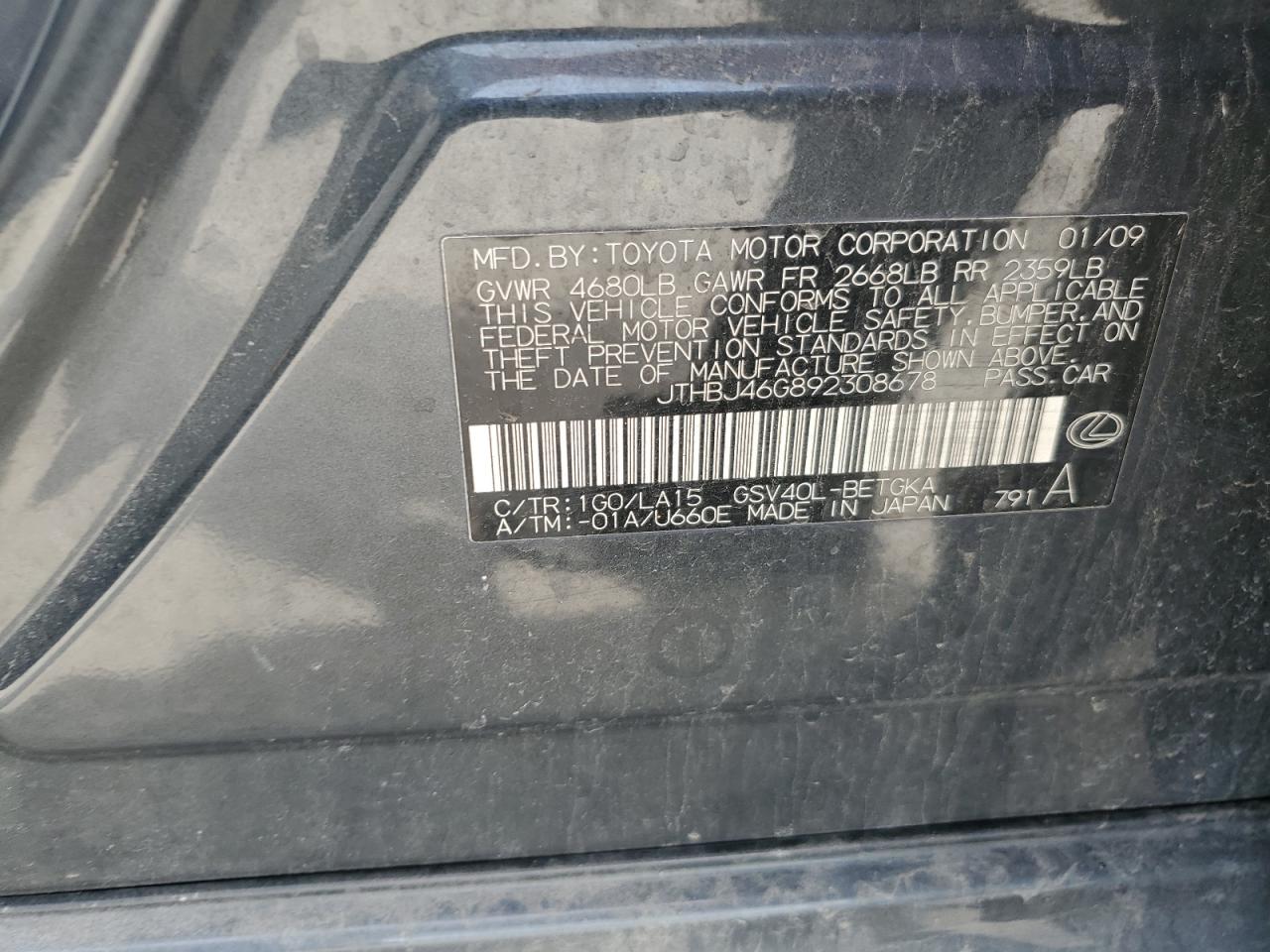 2009 Lexus Es 350 VIN: JTHBJ46G892308678 Lot: 57101544