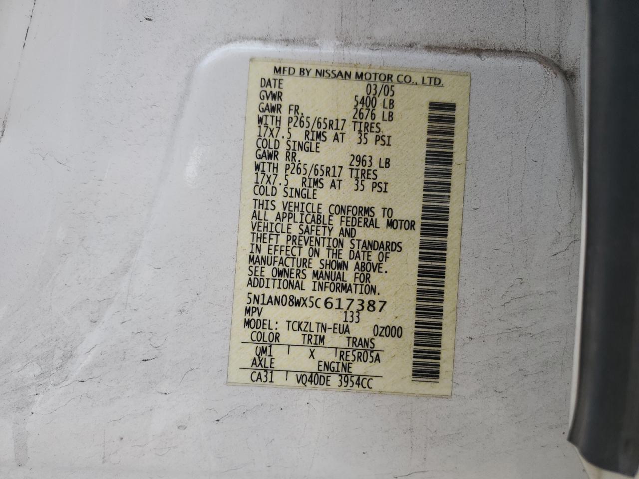 2005 Nissan Xterra Off Road VIN: 5N1AN08WX5C617387 Lot: 54547674