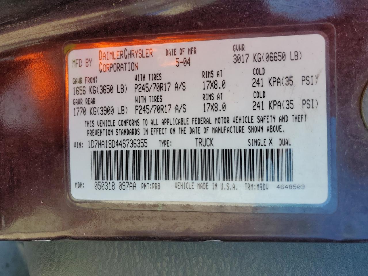 2004 Dodge Ram 1500 St VIN: 1D7HA18D44S736355 Lot: 52395124