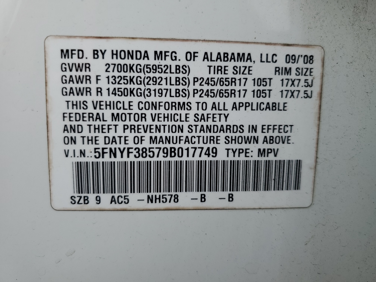 5FNYF38579B017749 2009 Honda Pilot Exl