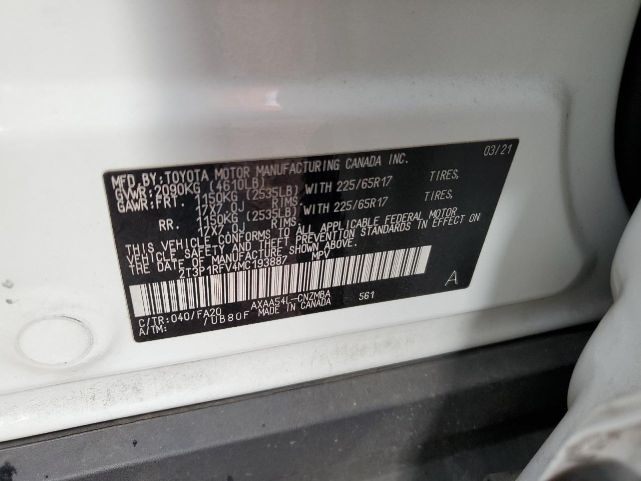 2021 Toyota Rav4 Xle VIN: 2T3P1RFV4MC193887 Lot: 54949734