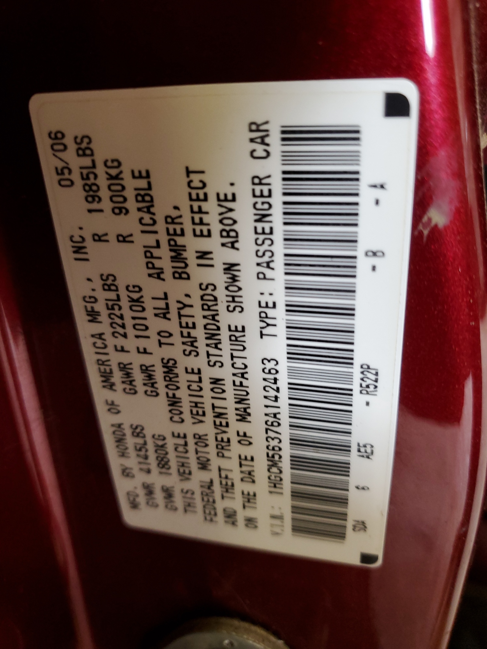 1HGCM56376A142463 2006 Honda Accord Se