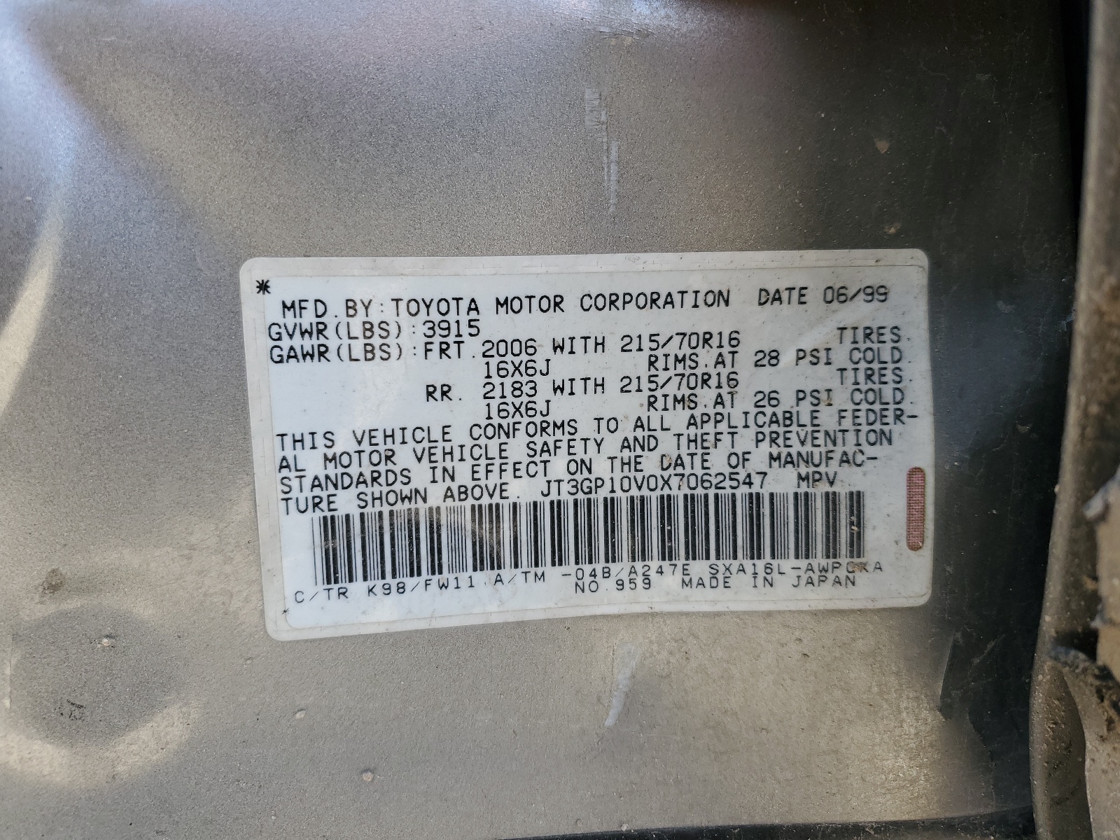 JT3GP10V0X7062547 1999 Toyota Rav4