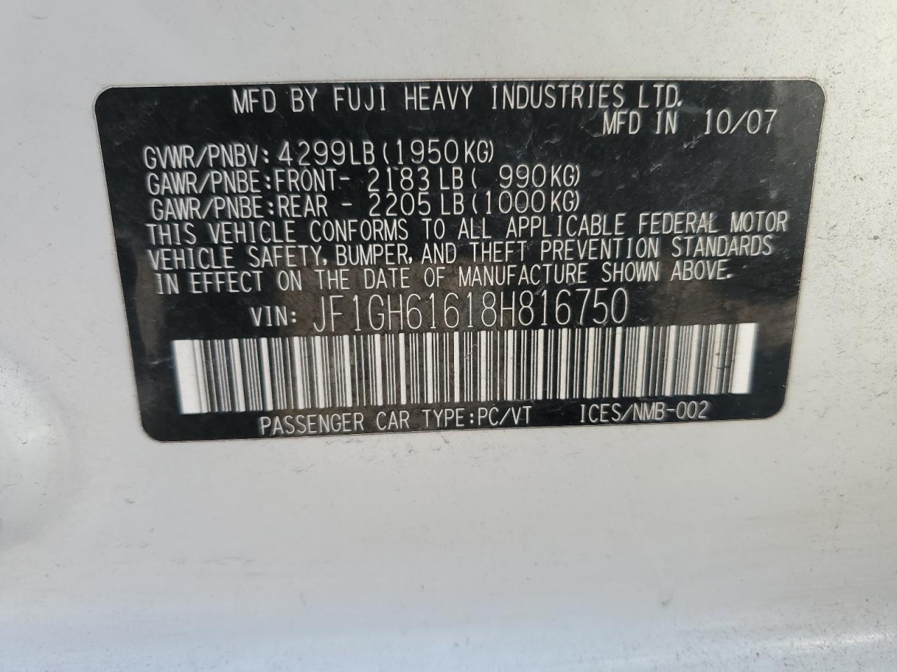 2008 Subaru Impreza 2.5I VIN: JF1GH61618H816750 Lot: 55021984