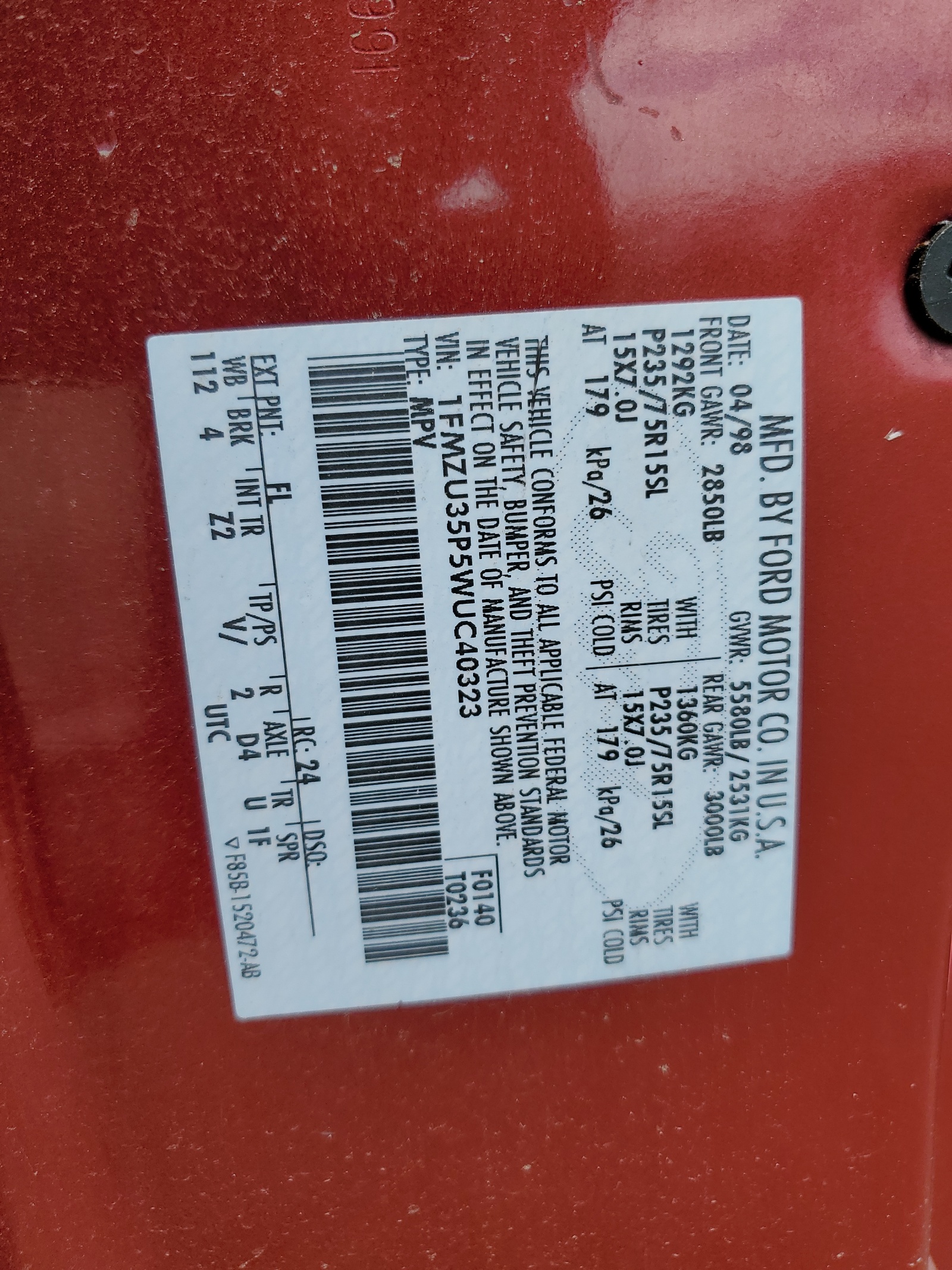 1FMZU35P5WUC40323 1998 Ford Explorer