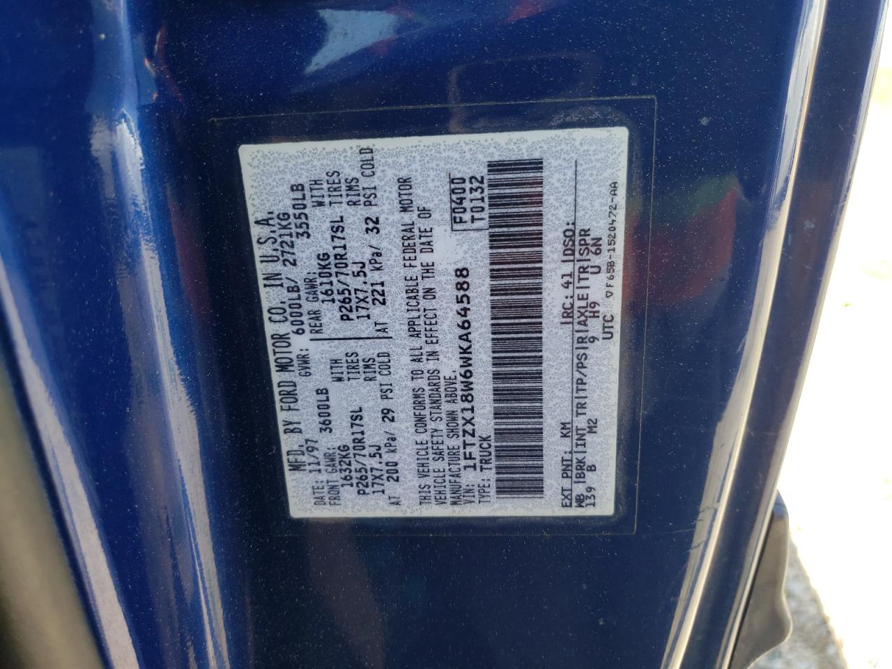 1998 Ford F150 VIN: 1FTZX18W6WKA64588 Lot: 55083994