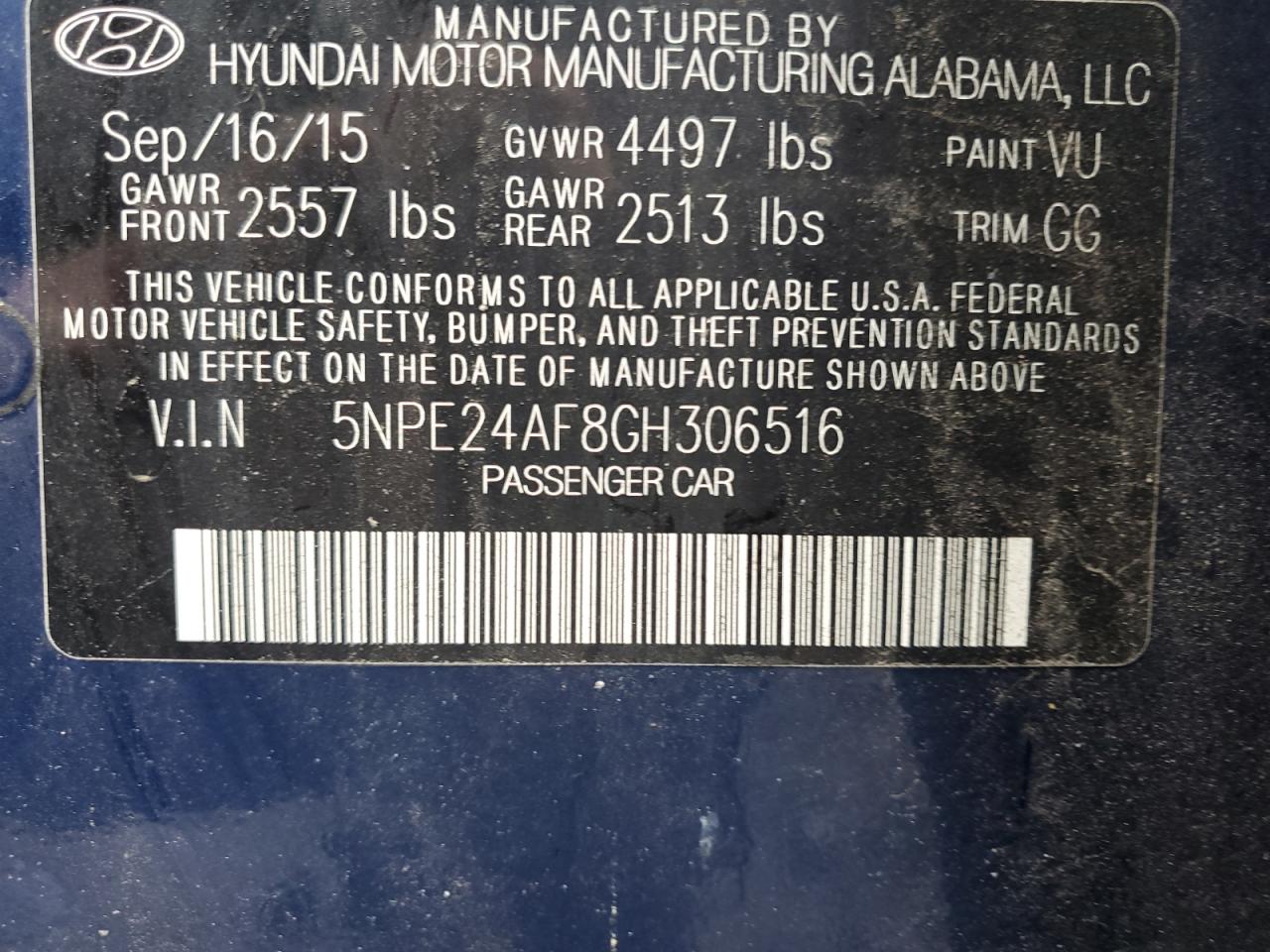 2016 Hyundai Sonata Se VIN: 5NPE24AF8GH306516 Lot: 54501034