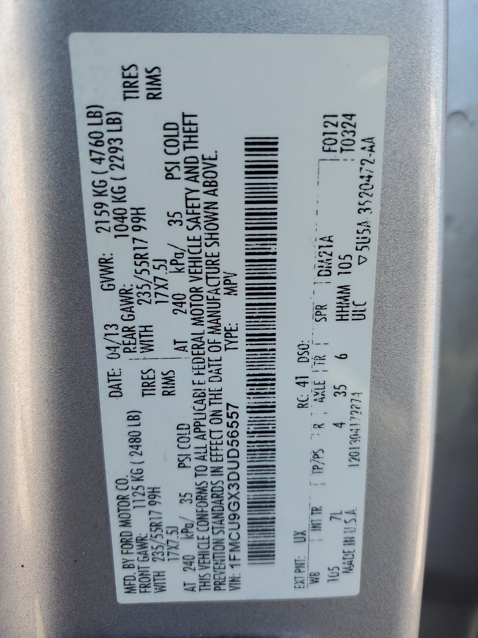 1FMCU9GX3DUD56557 2013 Ford Escape Se