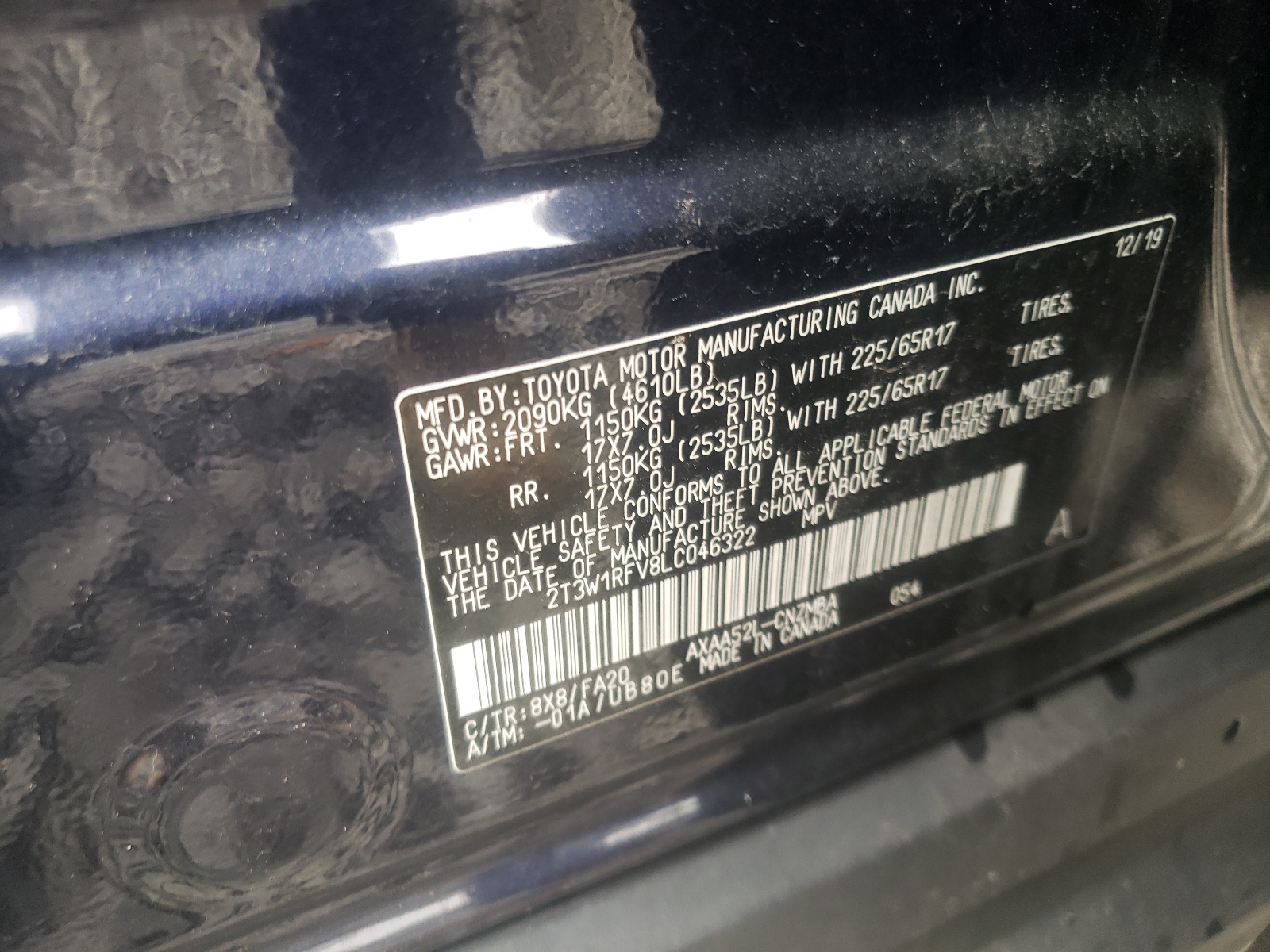 2T3W1RFV8LC046322 2020 Toyota Rav4 Xle