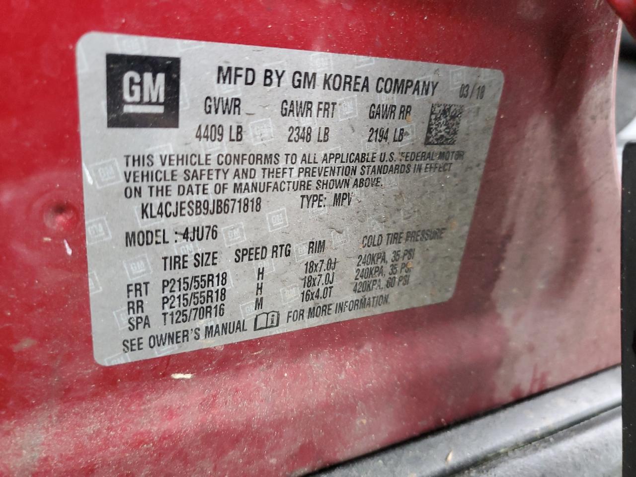 2018 Buick Encore Preferred VIN: KL4CJESB9JB671818 Lot: 53757824