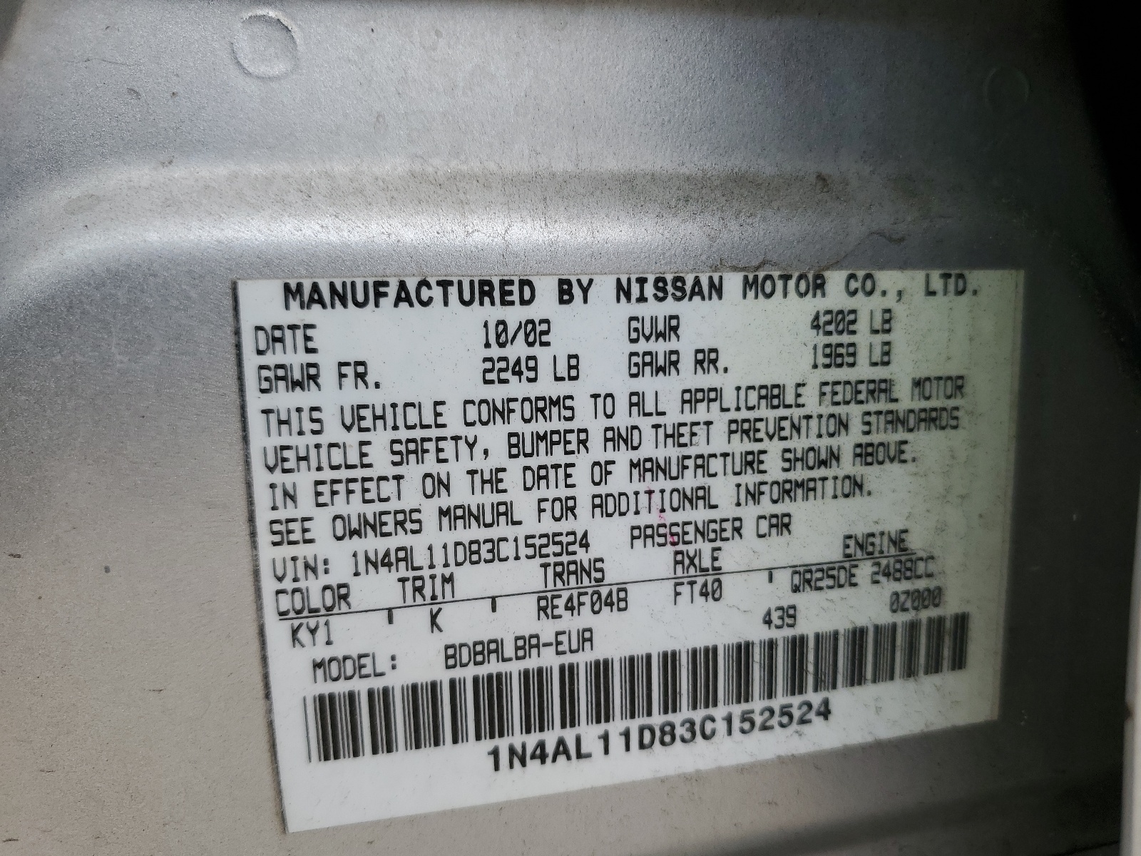 1N4AL11D83C152524 2003 Nissan Altima Base