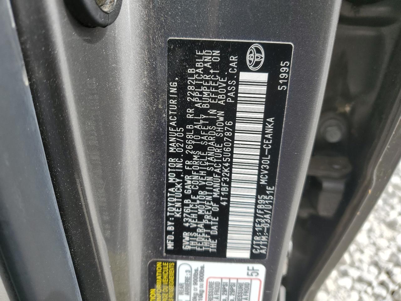 2005 Toyota Camry Le VIN: 4T1BF32K45U607876 Lot: 57351274