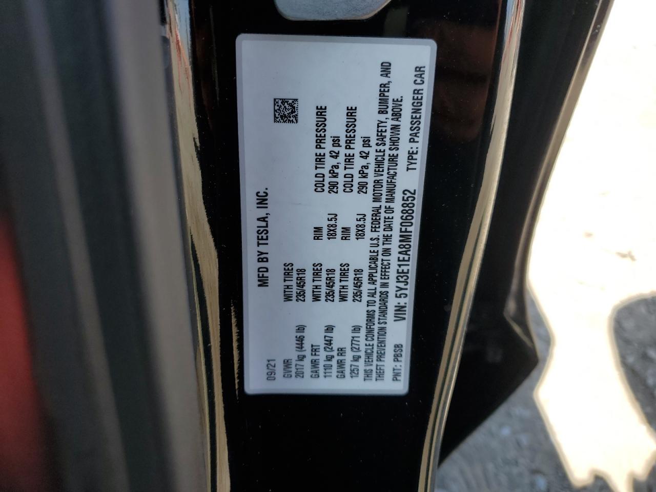 2021 Tesla Model 3 VIN: 5YJ3E1EA8MF068852 Lot: 56613704