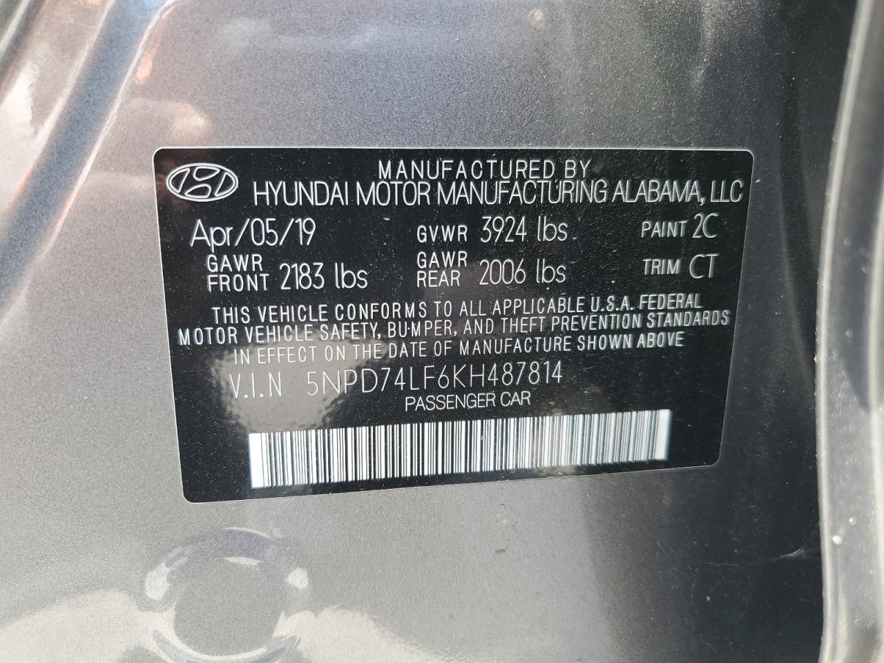 2019 Hyundai Elantra Se VIN: 5NPD74LF6KH487814 Lot: 55141784