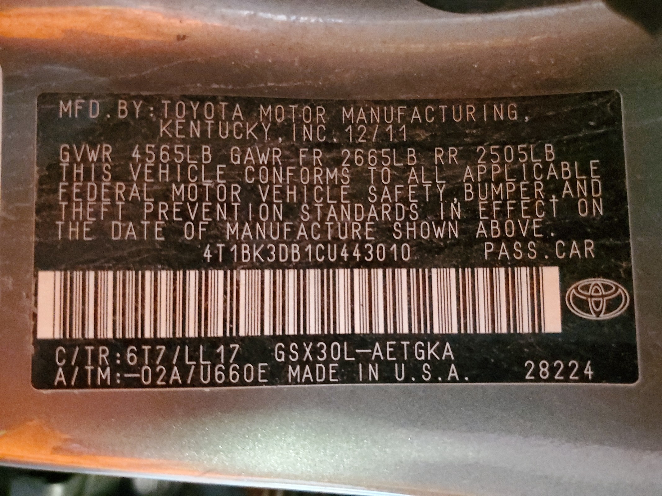 4T1BK3DB1CU443010 2012 Toyota Avalon Base