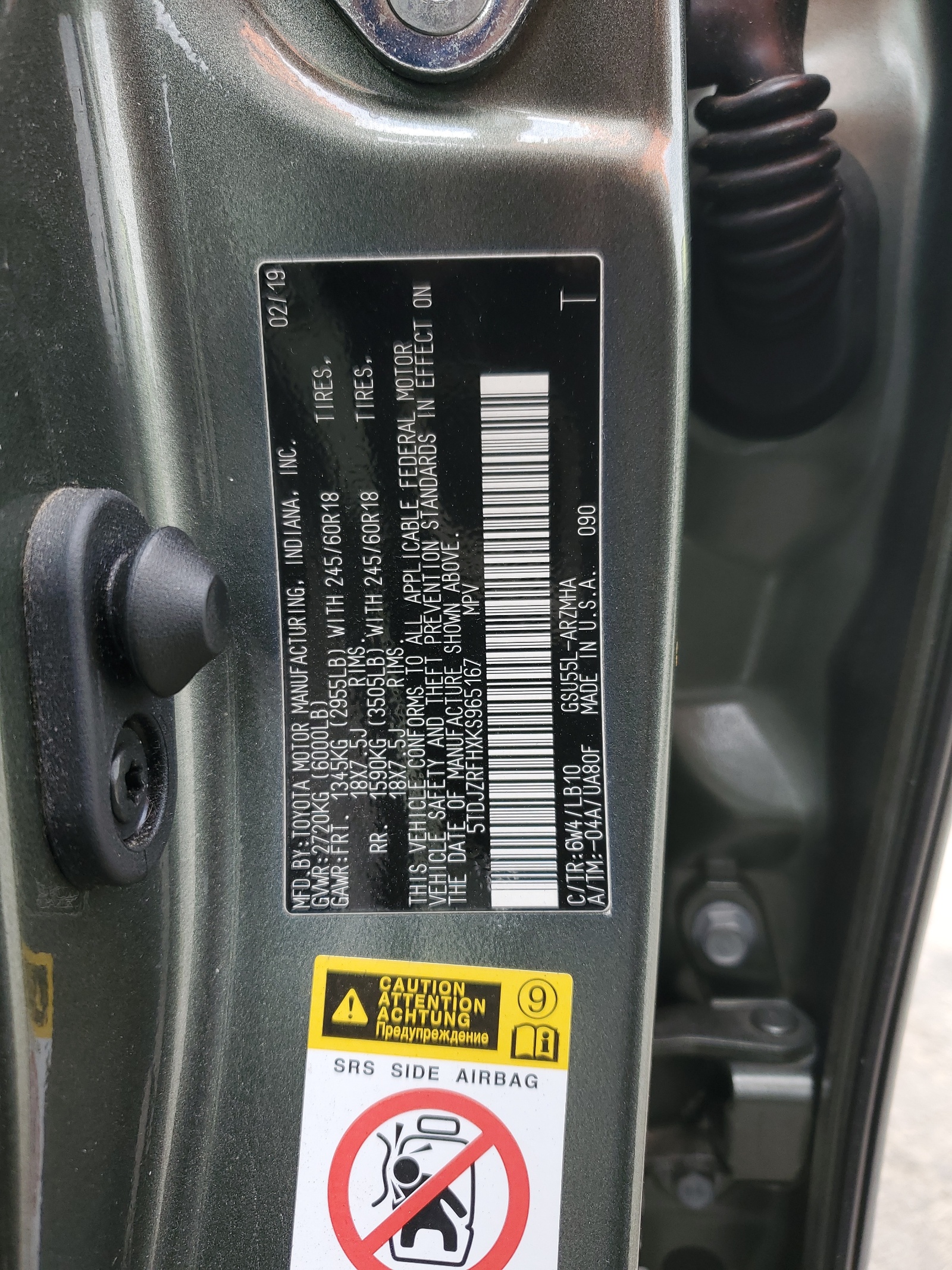 5TDJZRFHXKS965167 2019 Toyota Highlander Se