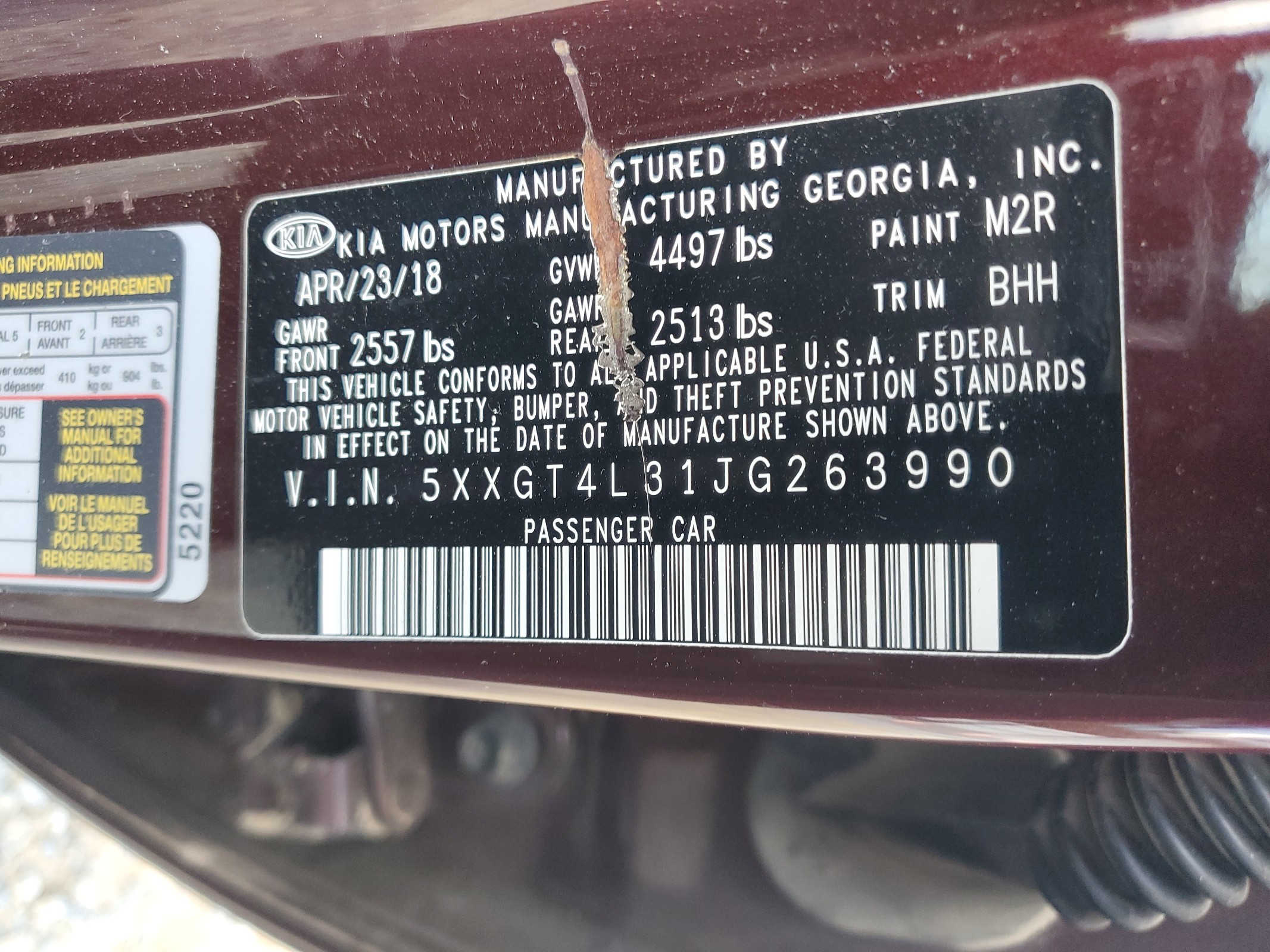 5XXGT4L31JG263990 2018 Kia Optima Lx