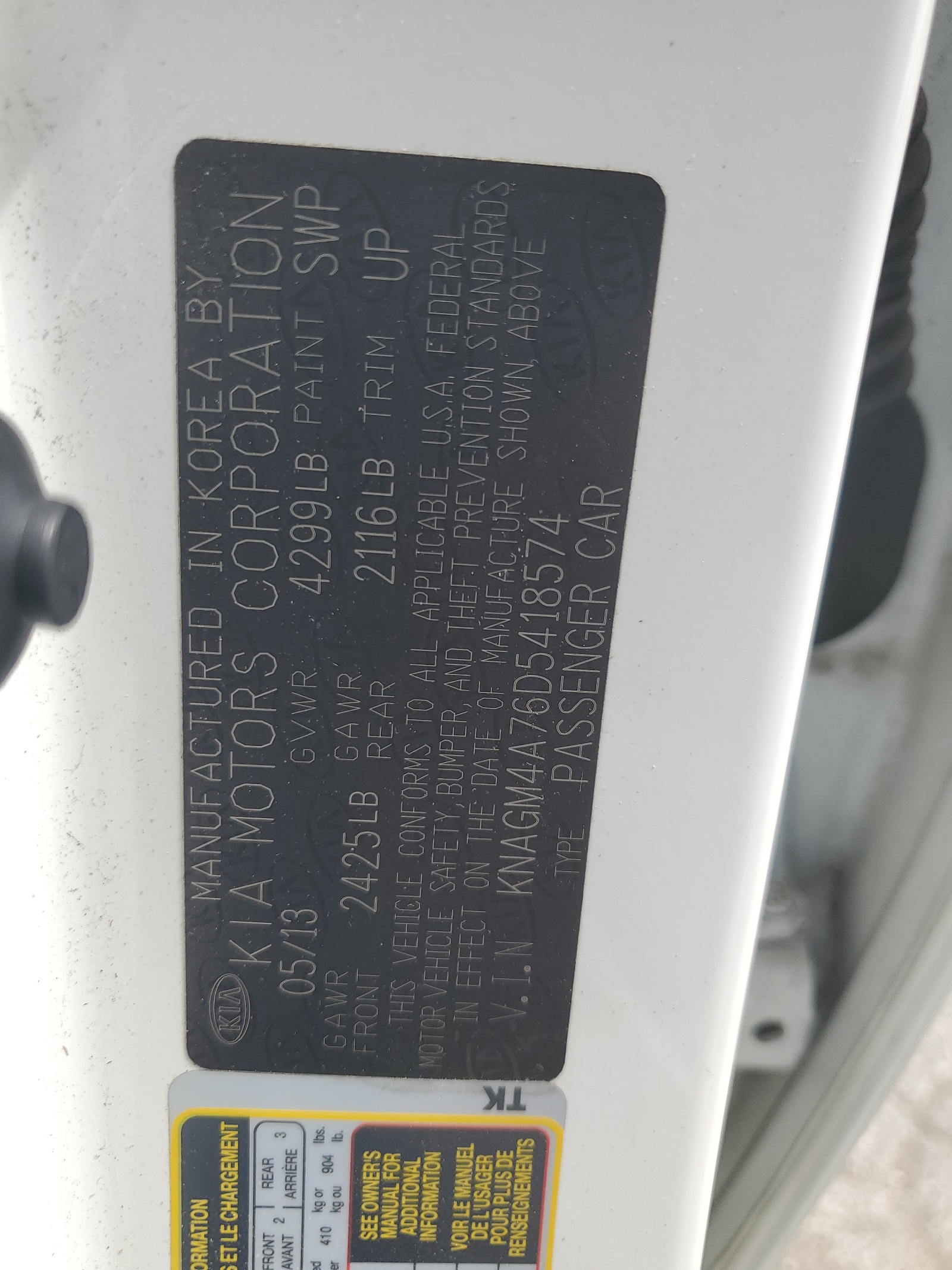 KNAGM4A76D5418574 2013 Kia Optima Lx