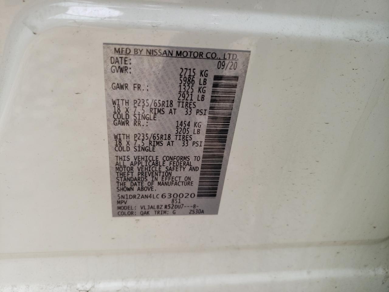 2020 Nissan Pathfinder S VIN: 5N1DR2AN4LC630020 Lot: 54898544