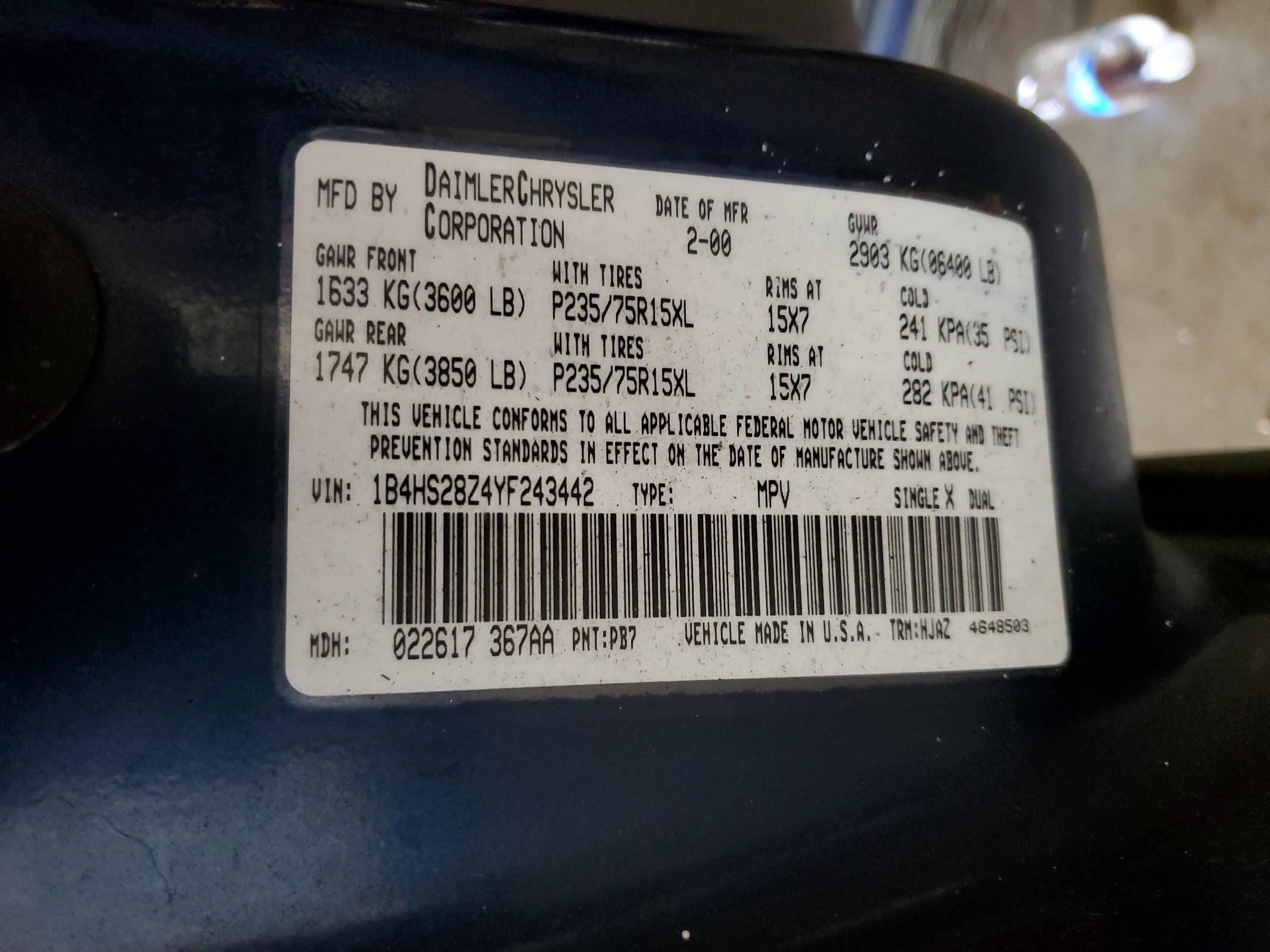 1B4HS28Z4YF243442 2000 Dodge Durango