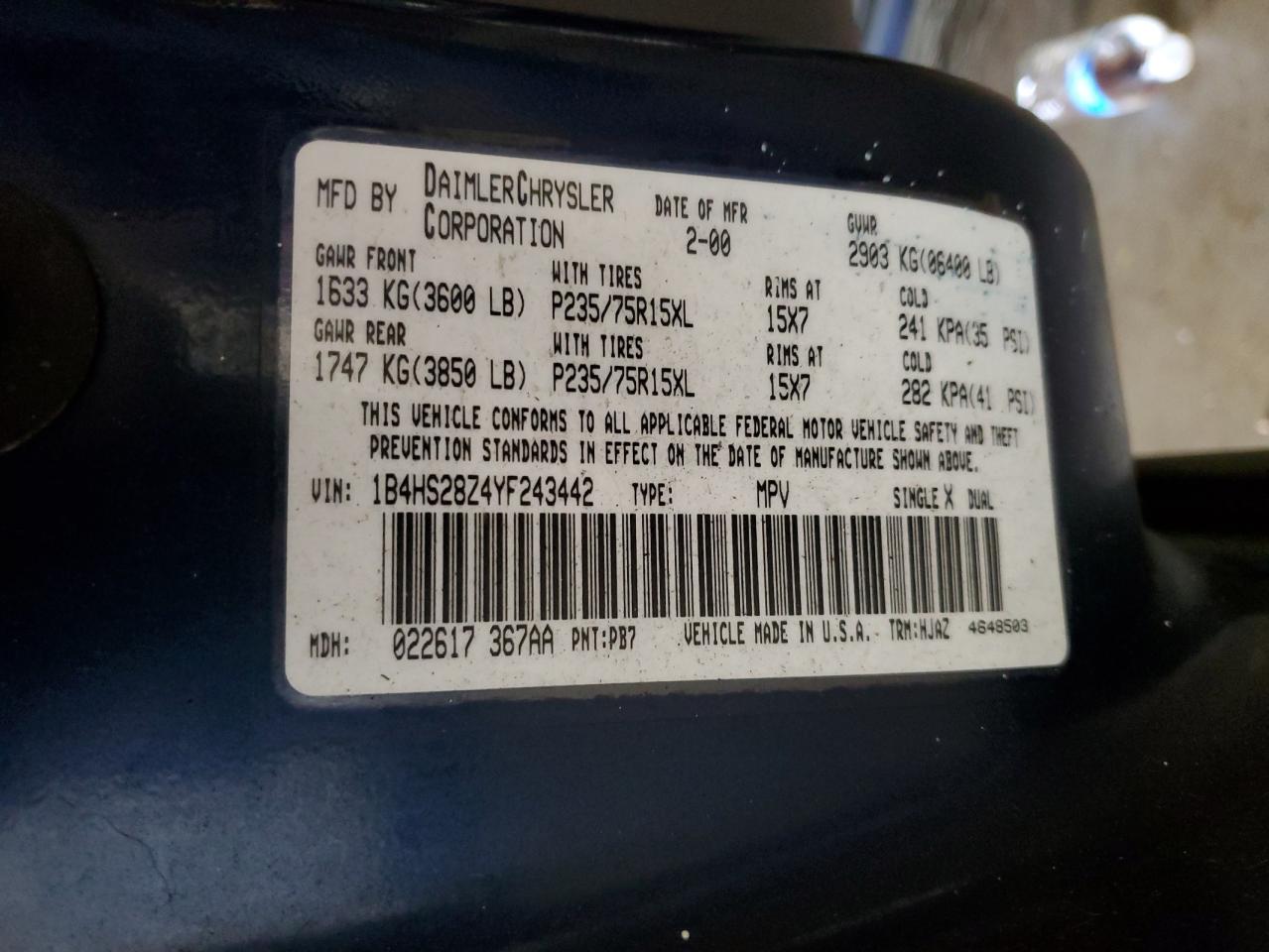 2000 Dodge Durango VIN: 1B4HS28Z4YF243442 Lot: 55177814