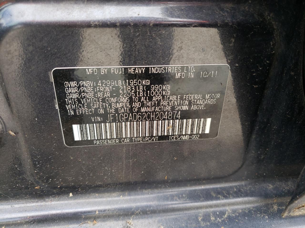 2012 Subaru Impreza Premium VIN: JF1GPAD62CH204874 Lot: 65710814