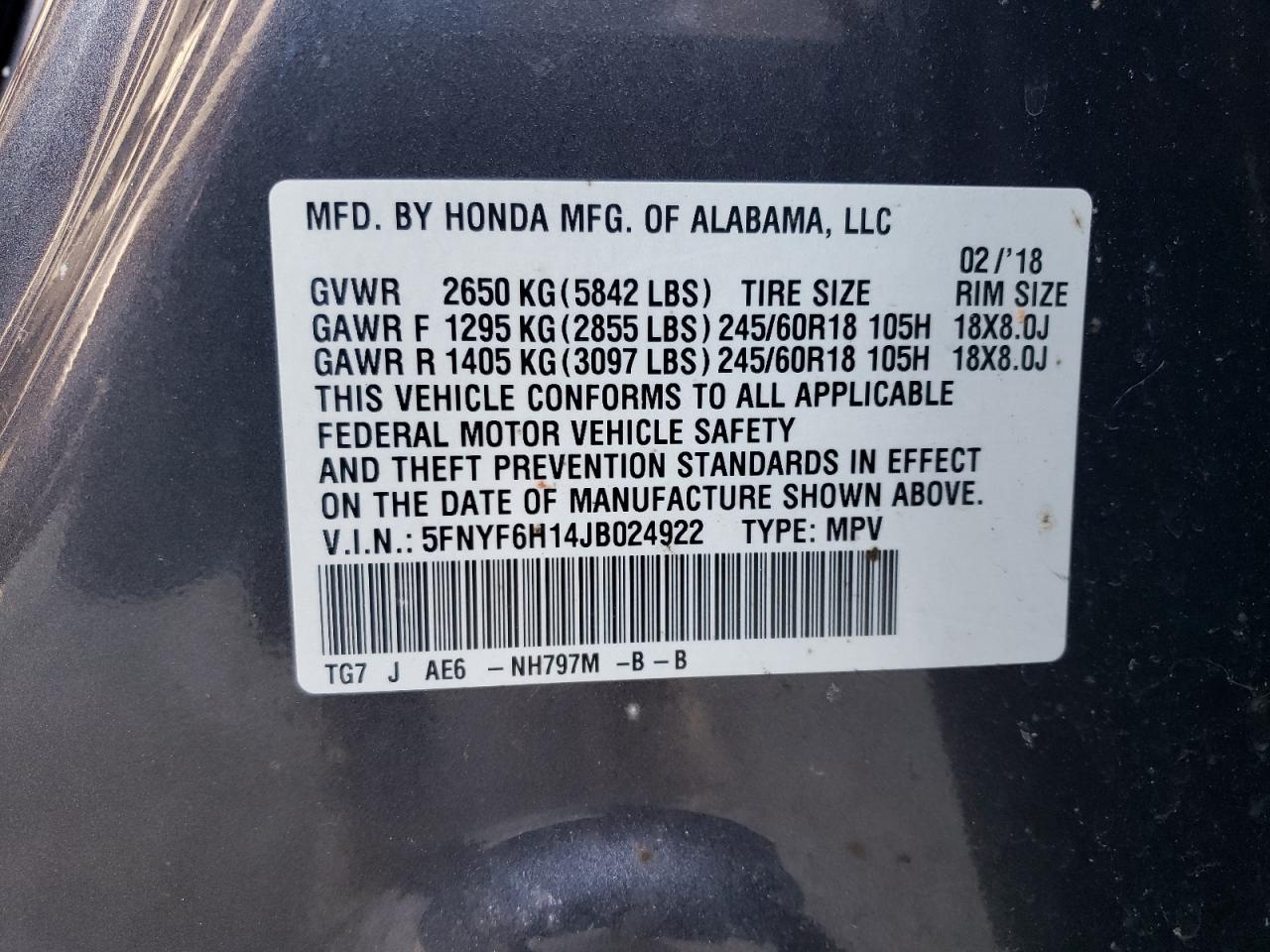 5FNYF6H14JB024922 2018 Honda Pilot Lx