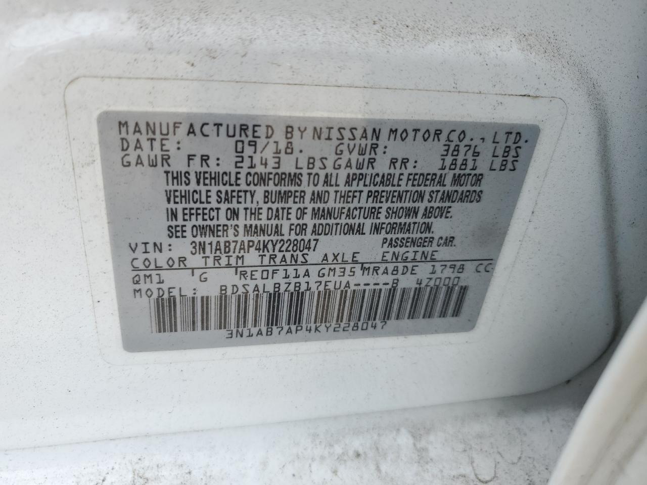 3N1AB7AP4KY228047 2019 Nissan Sentra S