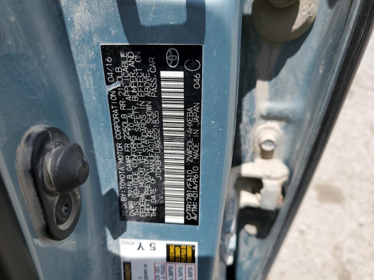 2016 Toyota Prius VIN: JTDKBRFUXG3521835 Lot: 55691874