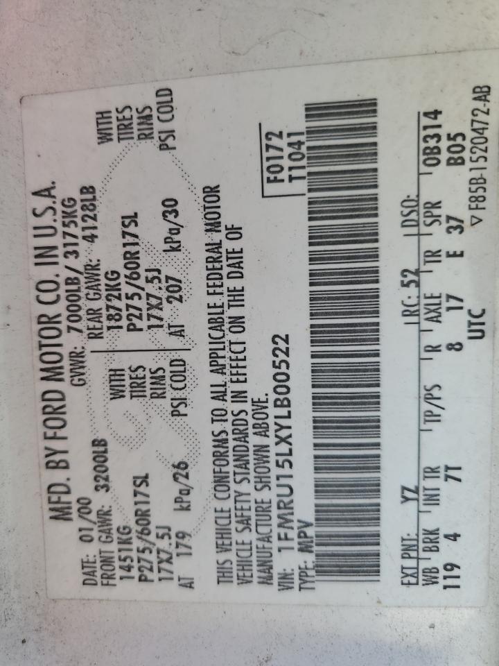 2000 Ford Expedition Xlt VIN: 1FMRU15LXYLB00522 Lot: 54411354