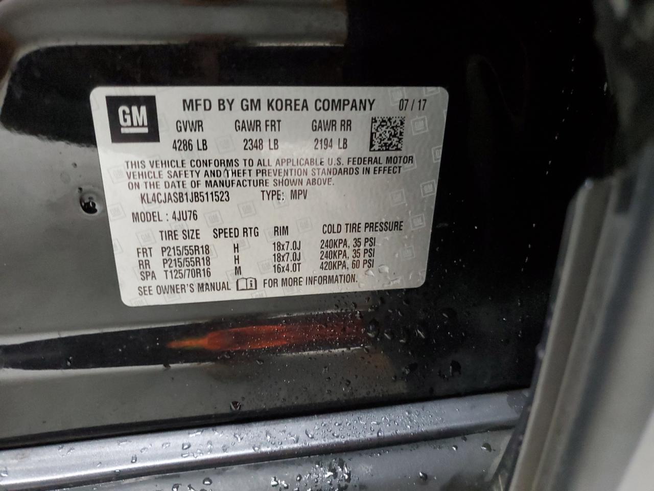 2018 Buick Encore Preferred VIN: KL4CJASB1JB511523 Lot: 55557714