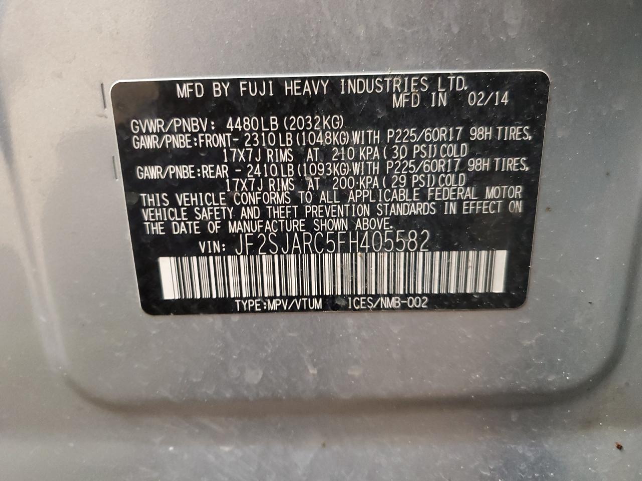 2015 Subaru Forester 2.5I Limited VIN: JF2SJARC5FH405582 Lot: 54746464