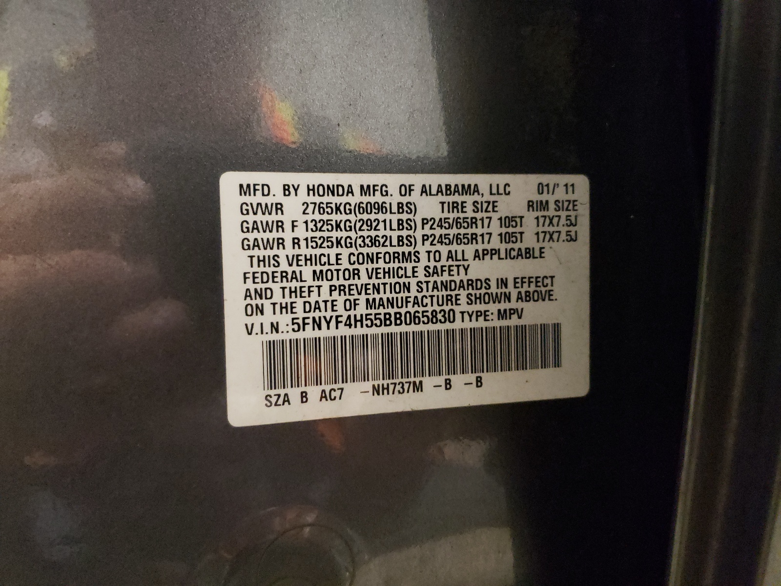 5FNYF4H55BB065830 2011 Honda Pilot Exl