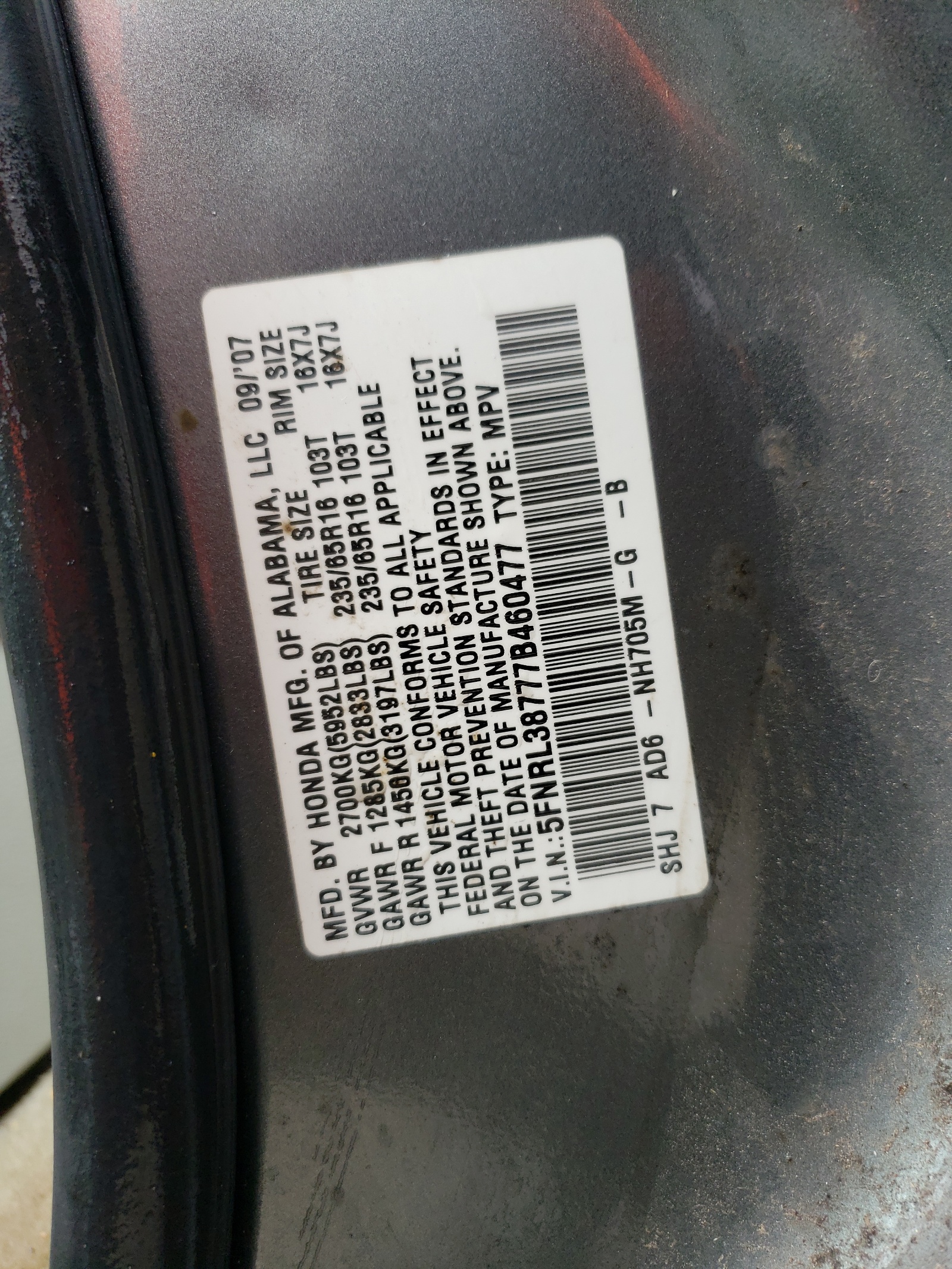 5FNRL38777B460477 2007 Honda Odyssey Exl