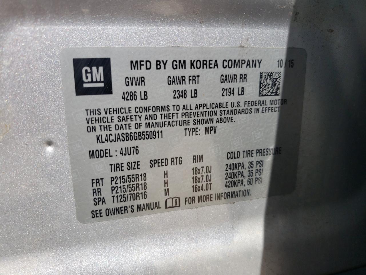 2016 Buick Encore VIN: KL4CJASB6GB550911 Lot: 54471844