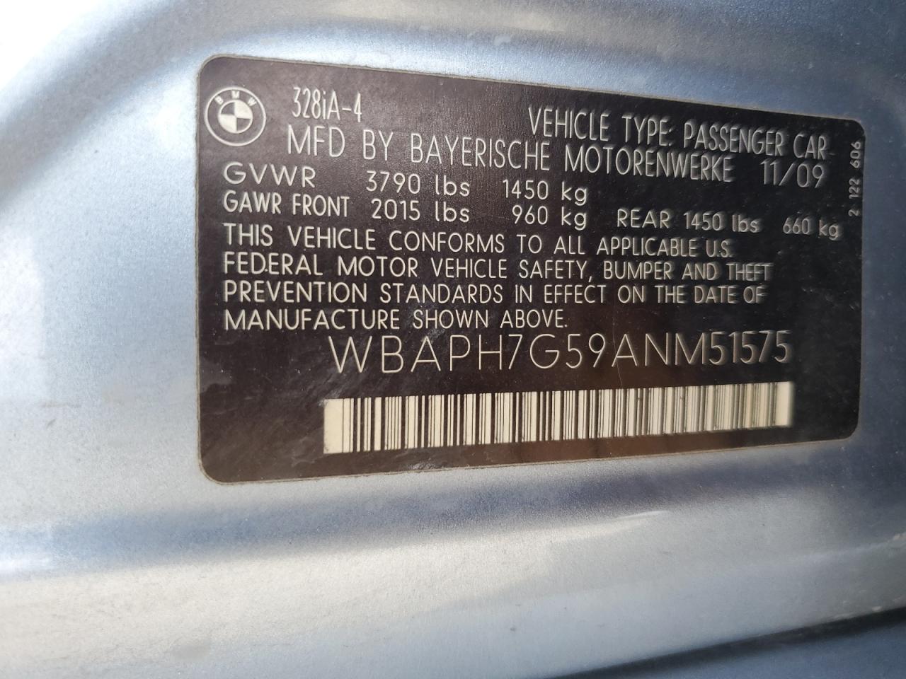 2010 BMW 328 I VIN: WBAPH7G59ANM51575 Lot: 56239084