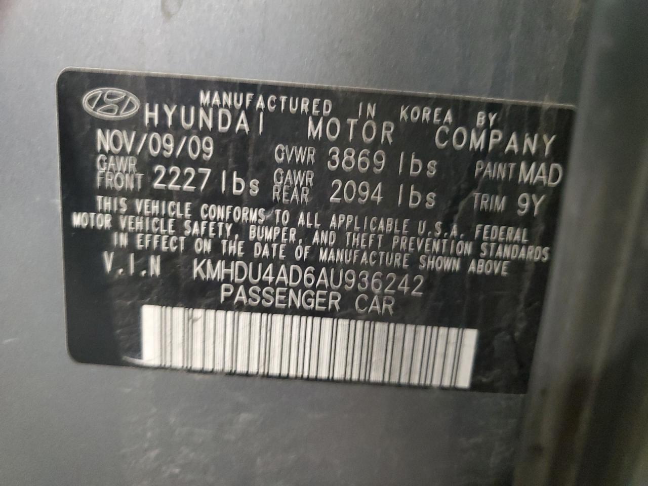 2010 Hyundai Elantra Blue VIN: KMHDU4AD6AU936242 Lot: 56060444